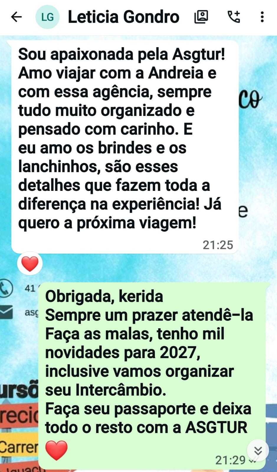 Sou apaixonada pela Asgtur! Amo viajar com a Andreia e com essa agência, sempre tudo muito organizado e pensado com carinho. E eu amo os brindes e os lanchinhos, são esses detalhes que fazem toda a diferença na experiência! Já quero a próxima viagem!